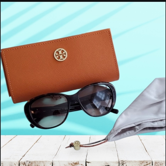 Tory Burch Black Sunglasses Orange Case & Protective Bag UV400 Protection - Picture 1 of 8